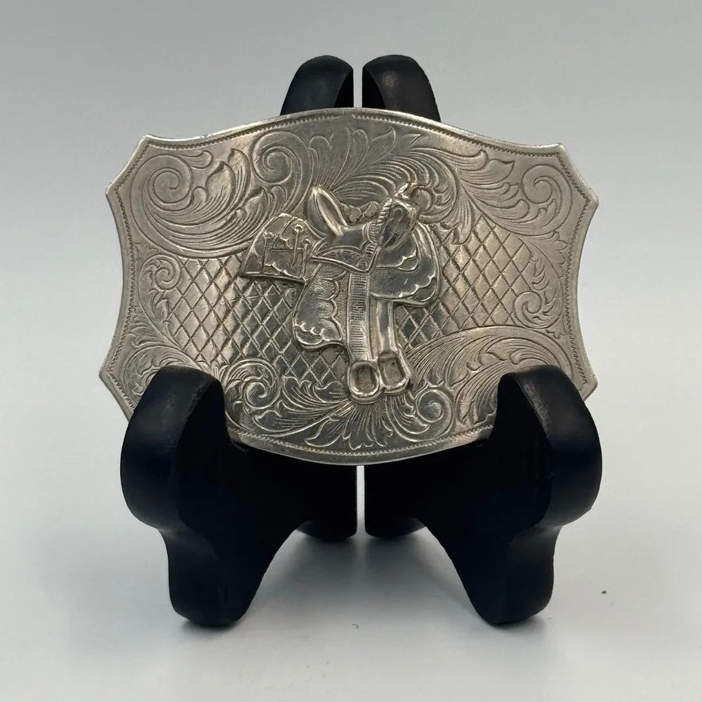 Vintage Western Horse Saddle Belt Buckle Solid Brass Silver Tone Engraved Floral